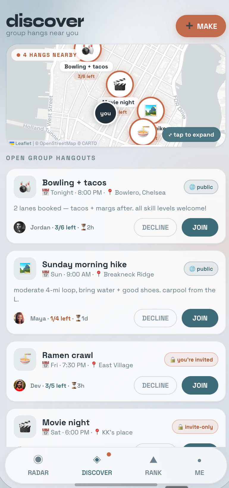 Discover group hangs